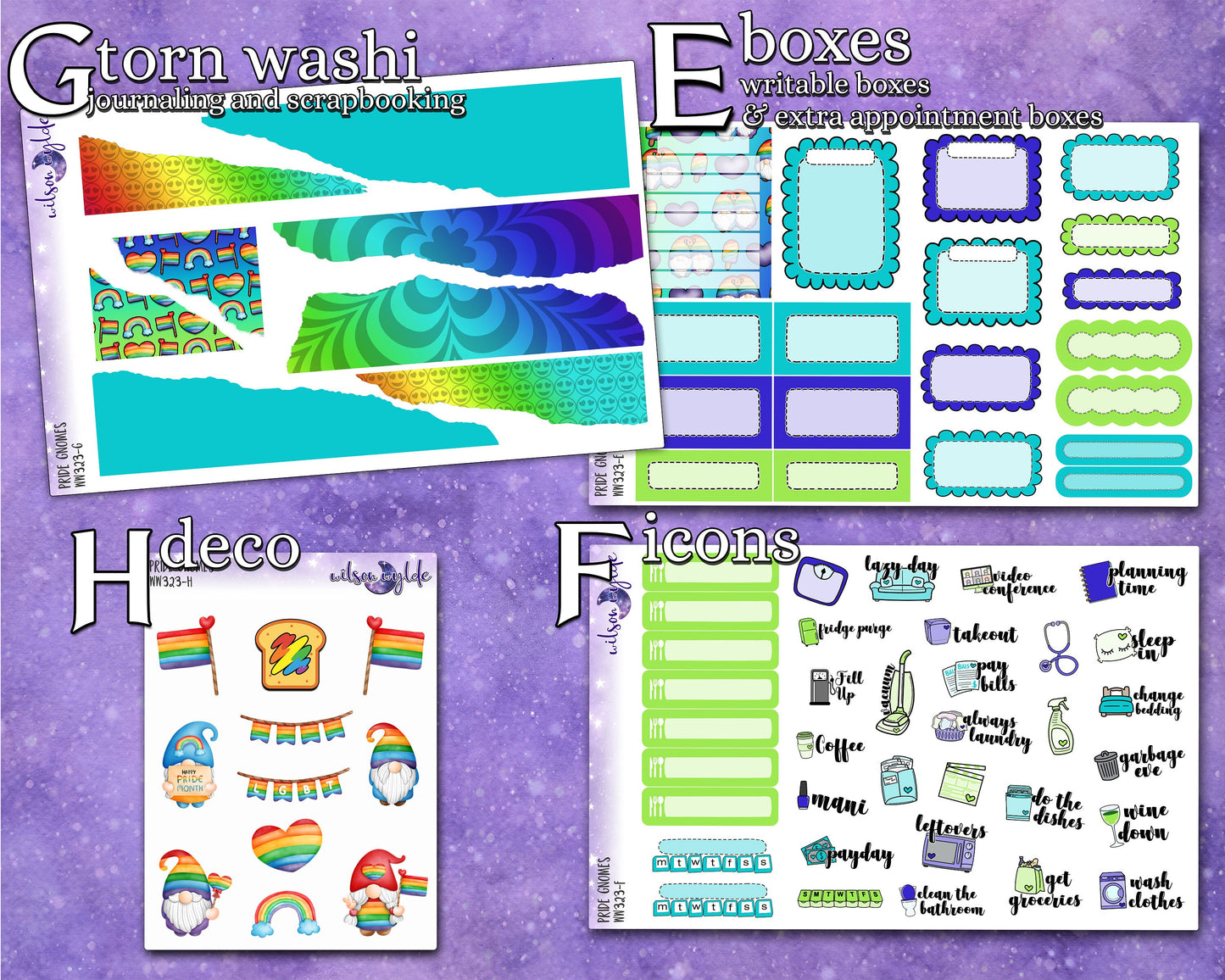 Pride Gnomes full weekly sticker kit, HOBONICHI COUSIN format, a la carte and bundle options. WW323