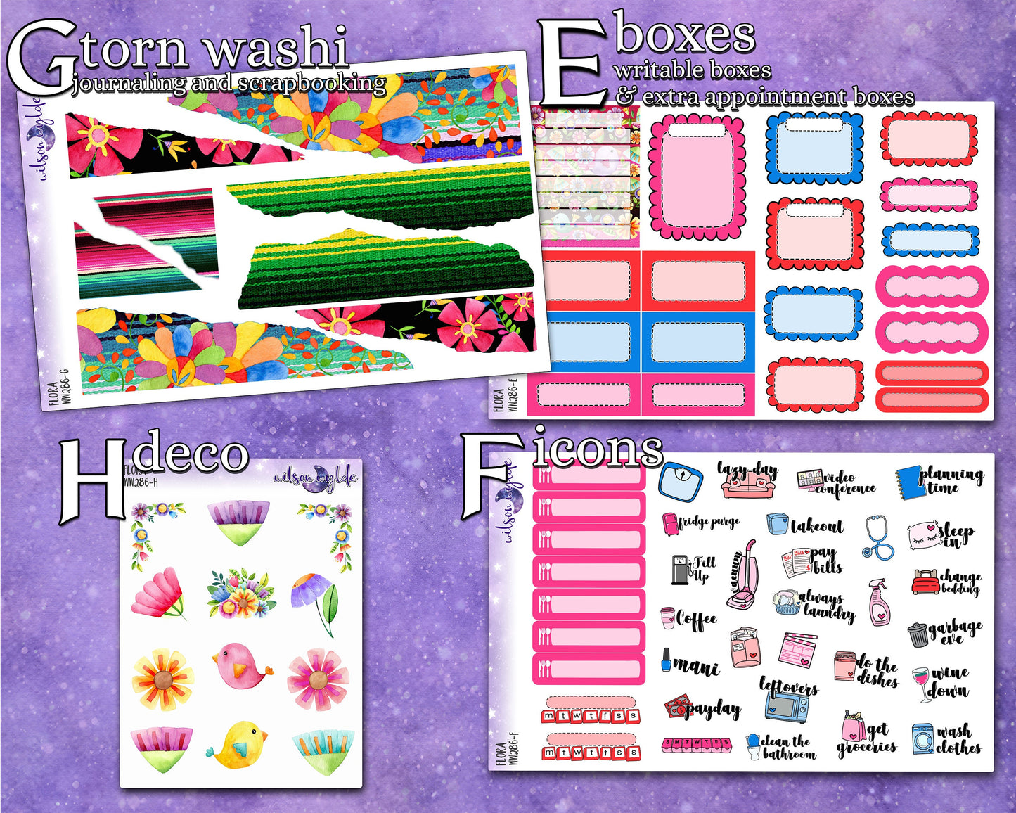 Flora full weekly sticker kit, HOBONICHI COUSIN format, a la carte and bundle options. WW286