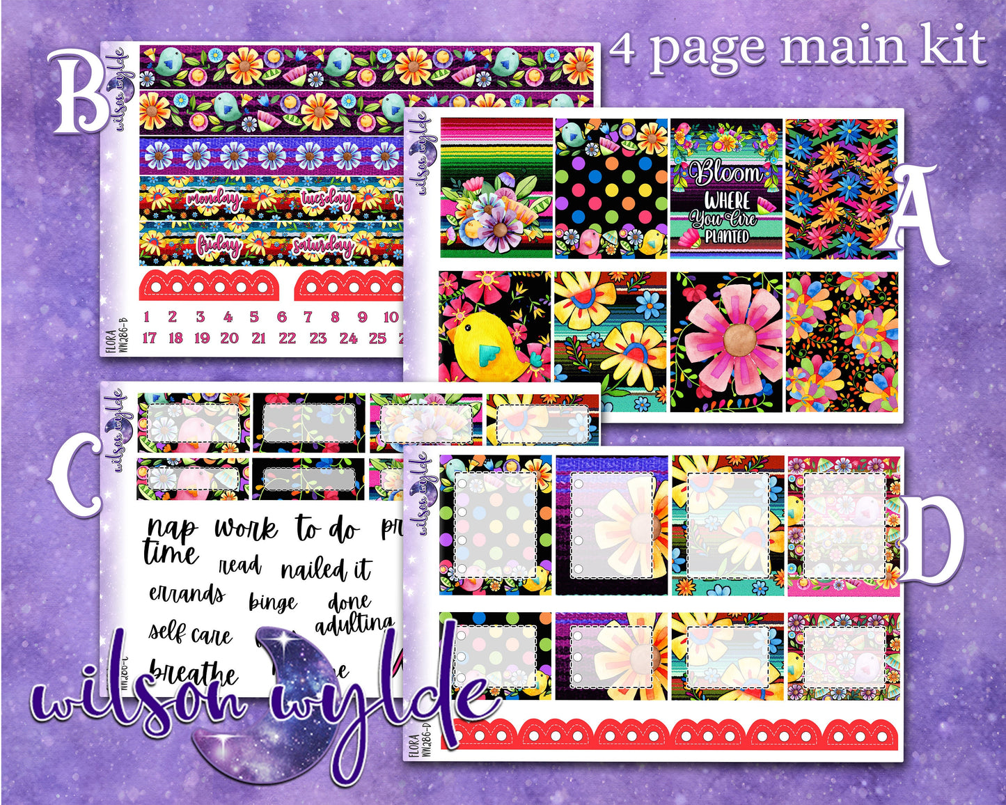 Flora full weekly sticker kit, HOBONICHI COUSIN format, a la carte and bundle options. WW286