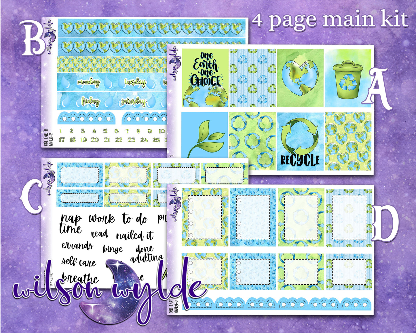 One Earth full weekly sticker kit, hobonichi cousin format, a la carte and bundle options. WW421
