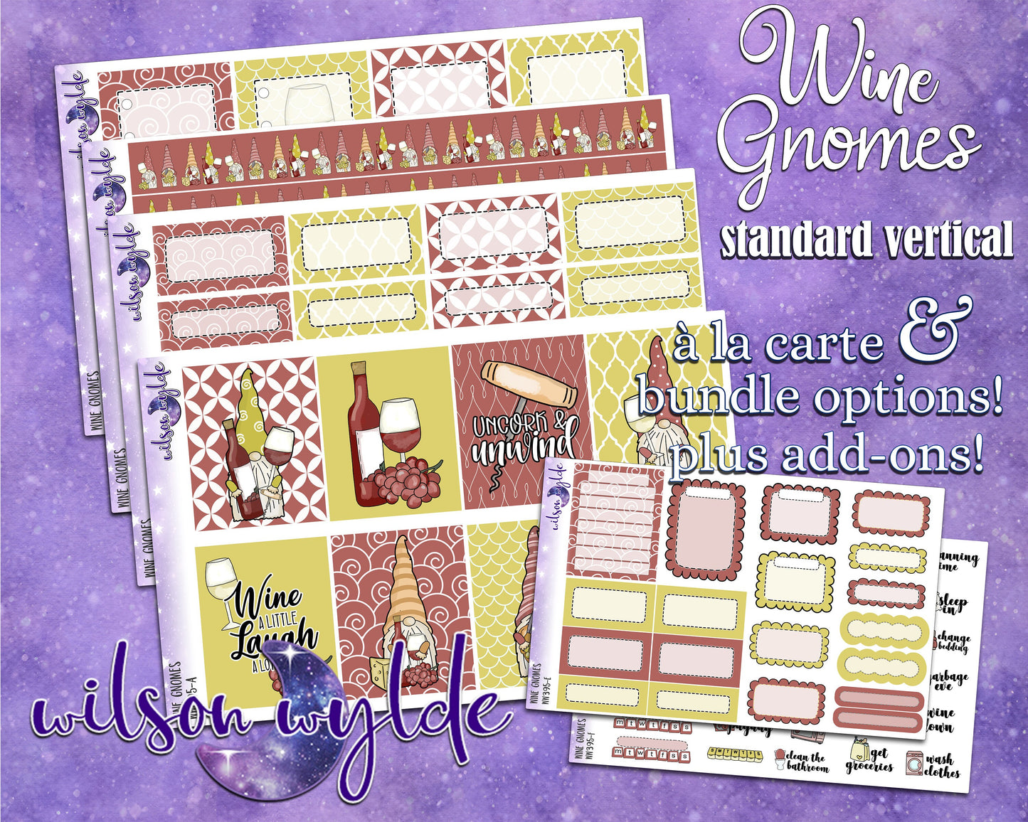 Wine Gnomes full weekly sticker kit, standard vertical format, a la carte and bundle options. WW395