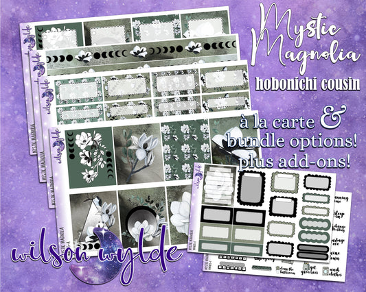 Mystic Magnolia full weekly sticker kit, hobonichi cousin format, a la carte and bundle options. WW405