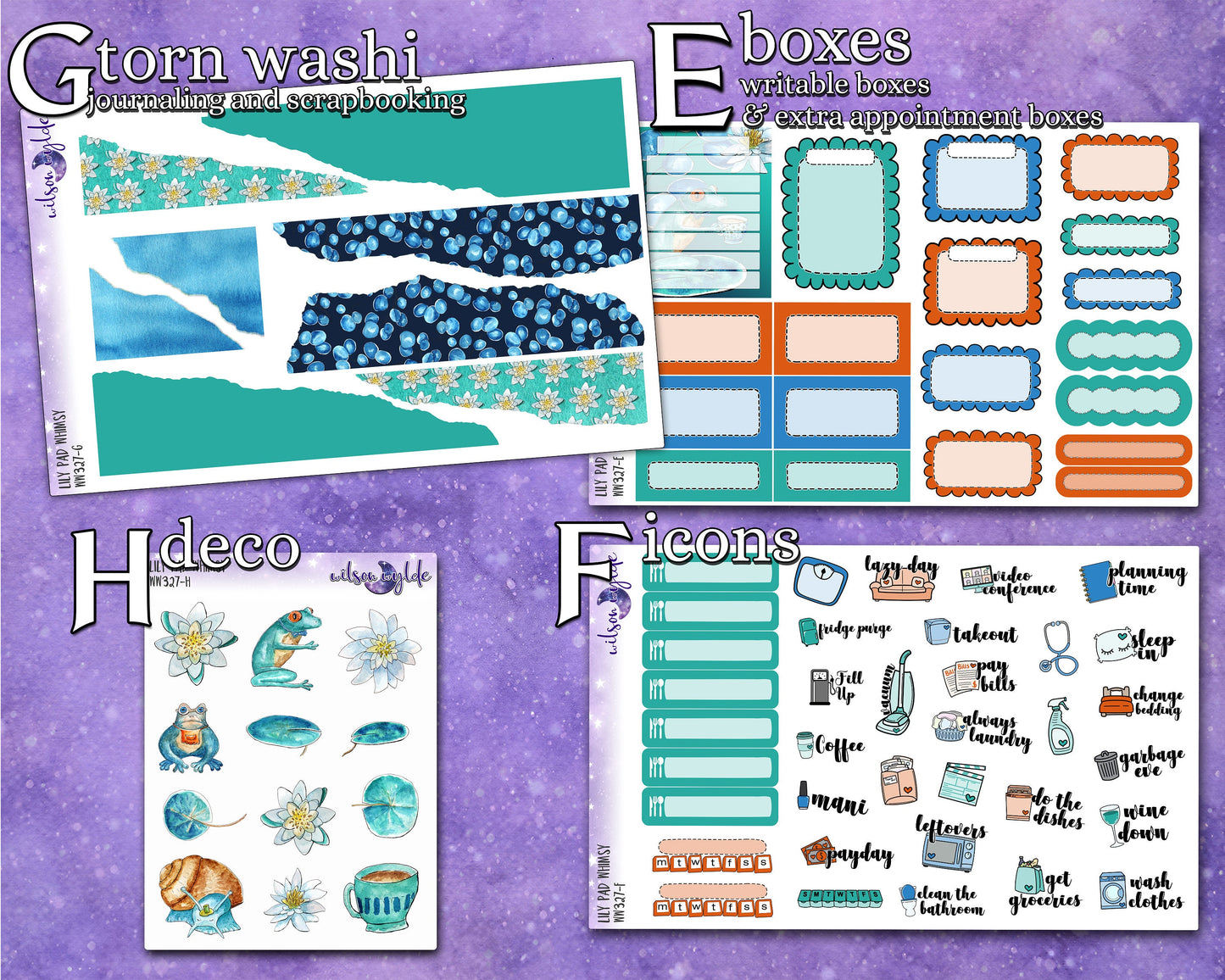 Lily Pad Whimsy full weekly sticker kit, hobonichi cousin format, a la carte and bundle options. WW327