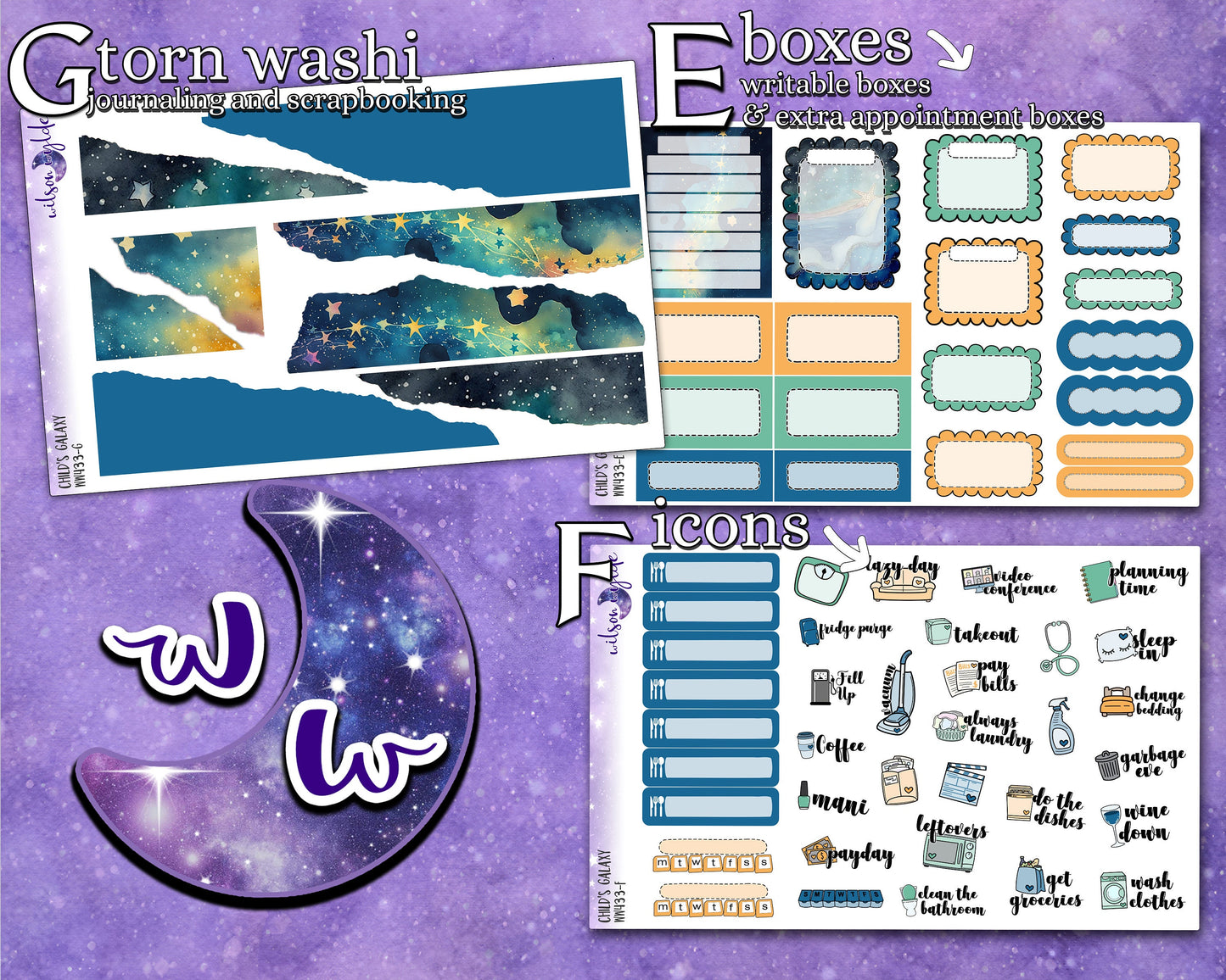 Child's Galaxy full weekly sticker kit, HOBONICHI COUSIN format, a la carte and bundle options. WW433