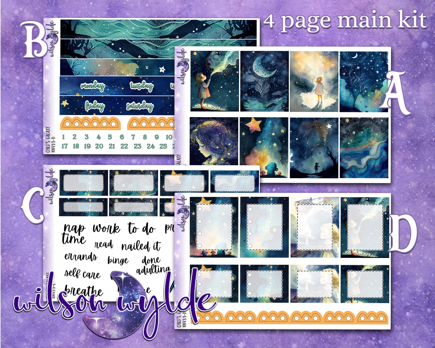 Child's Galaxy full weekly sticker kit, HOBONICHI COUSIN format, a la carte and bundle options. WW433