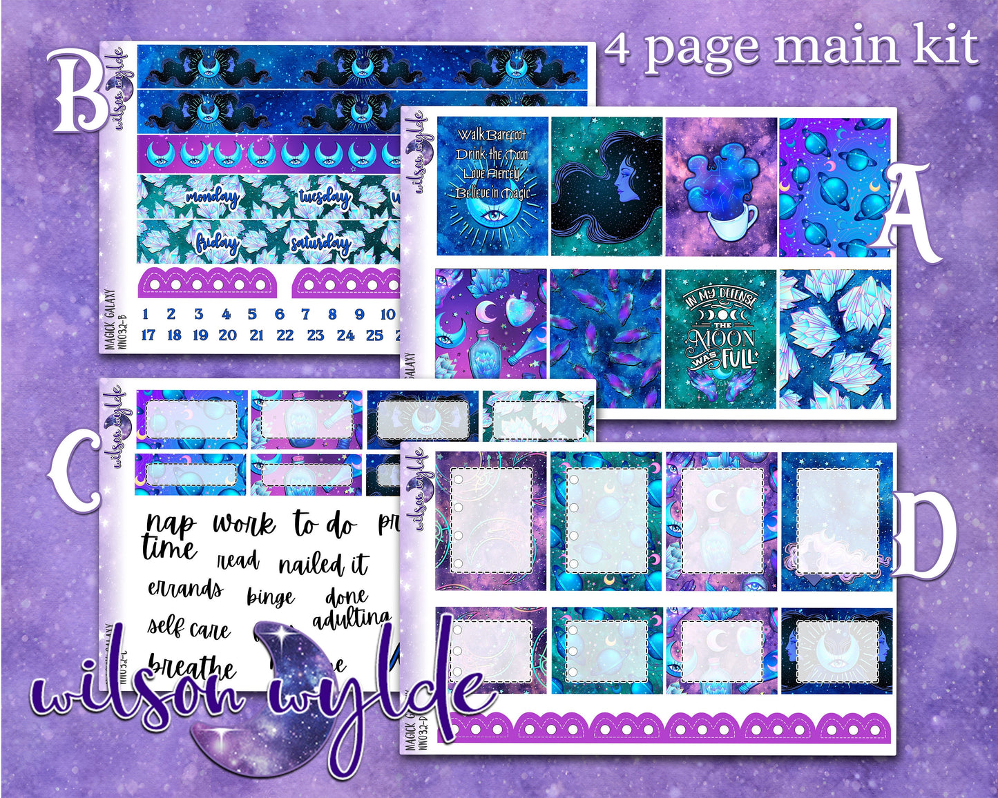 Magick Galaxy full weekly sticker kit, HOBONICHI COUSIN format, a la carte and bundle options. WW032