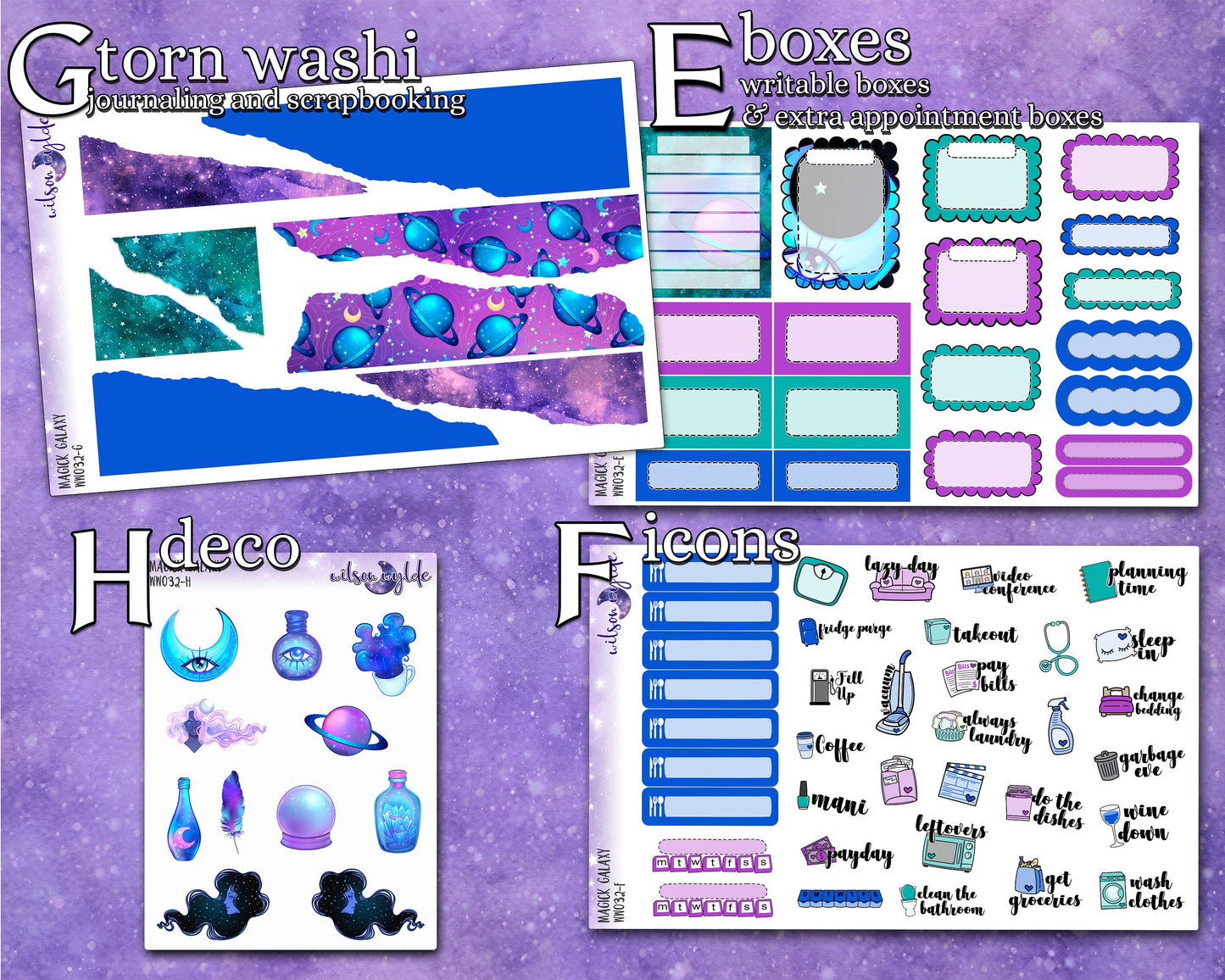 Magick Galaxy full weekly sticker kit, HOBONICHI COUSIN format, a la carte and bundle options. WW032