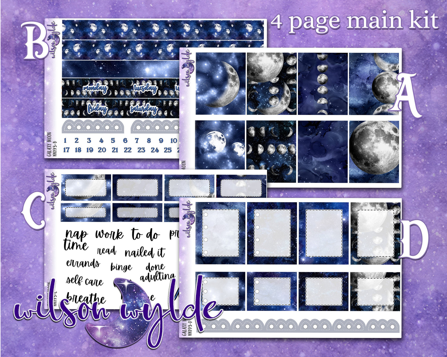 Galaxy Moon full weekly sticker kit, HOBONICHI COUSIN format, a la carte and bundle options. WW193