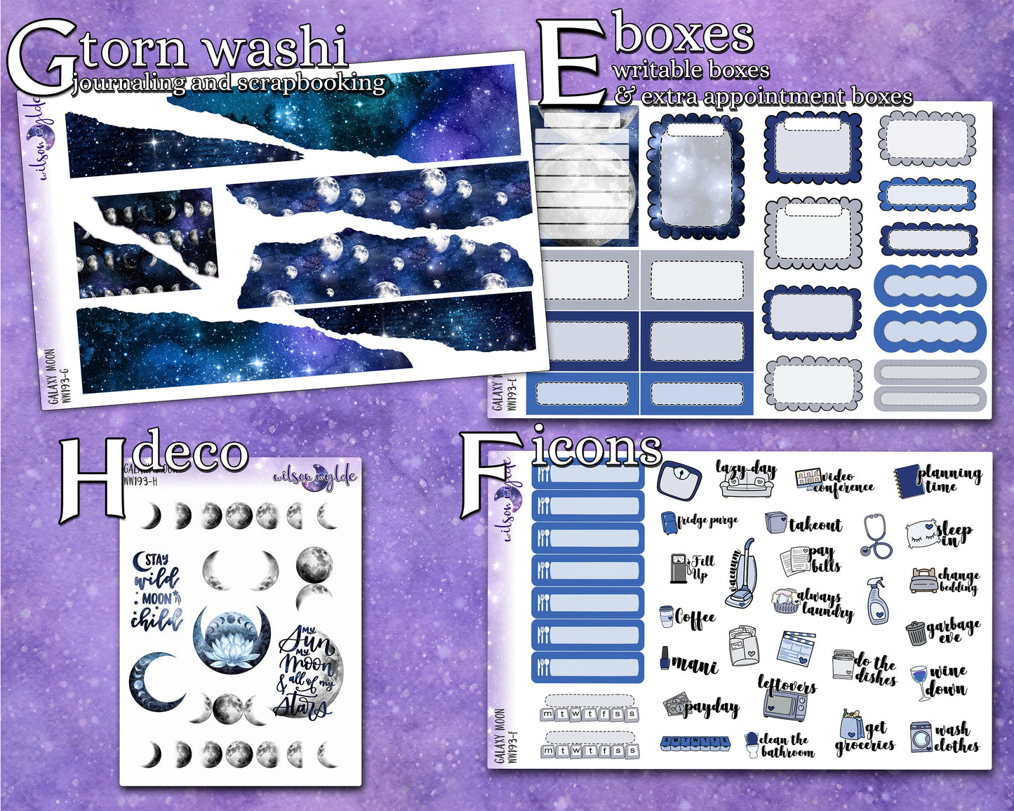 Galaxy Moon full weekly sticker kit, HOBONICHI COUSIN format, a la carte and bundle options. WW193