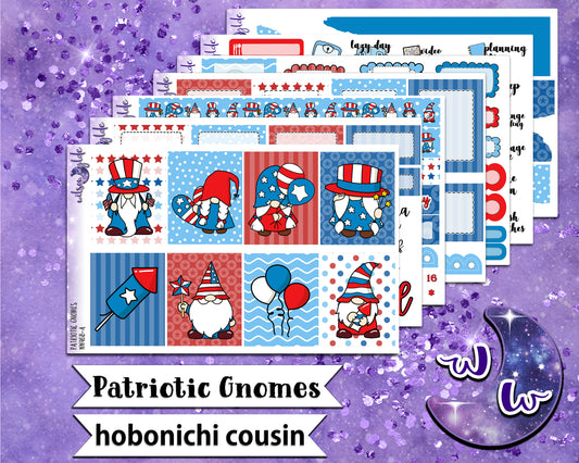 Patriotic Gnomes full weekly sticker kit, HOBONICHI COUSIN format, a la carte and bundle options. WW468