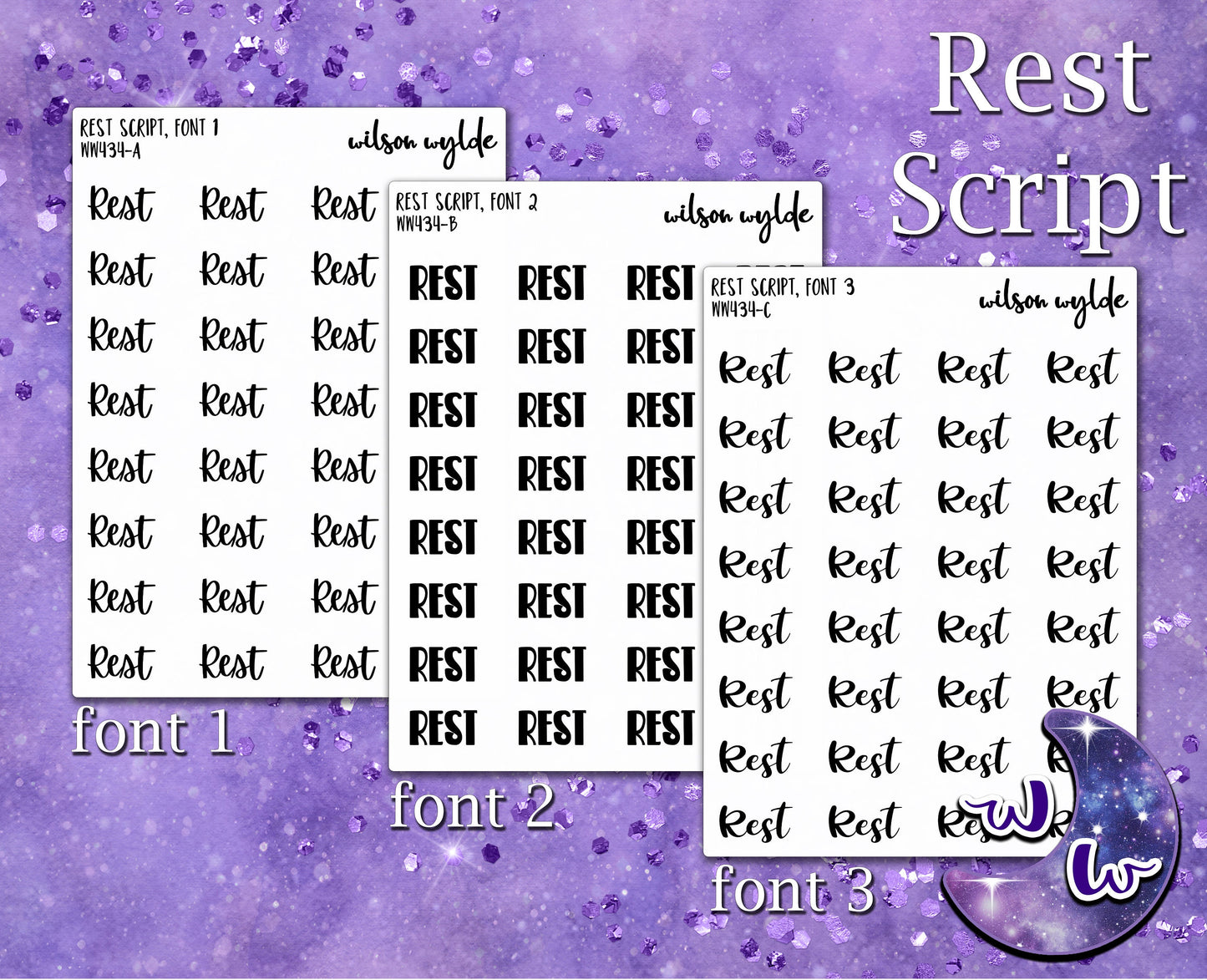 Rest script planner stickers, Foiling available WW434