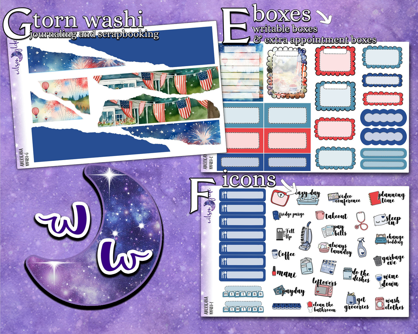 Americana full weekly sticker kit, HOBONICHI COUSIN format, a la carte and bundle options. WW481