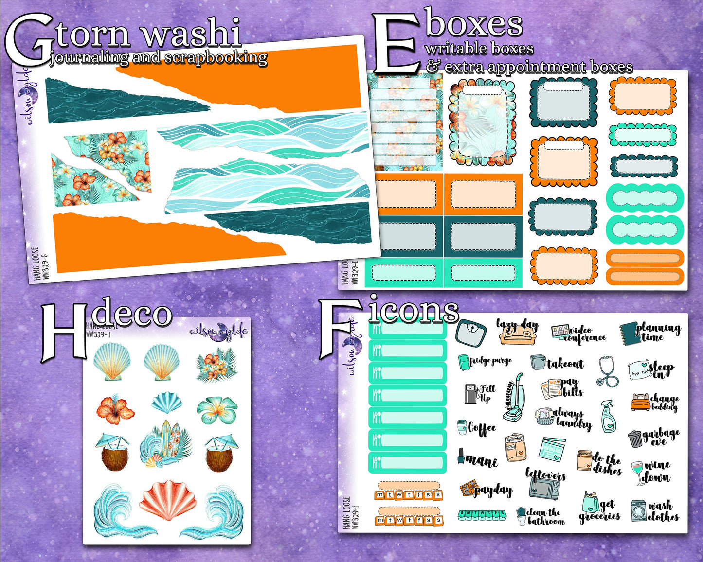 Hang Loose full weekly sticker kit, HOBONICHI COUSIN format, a la carte and bundle options. WW329