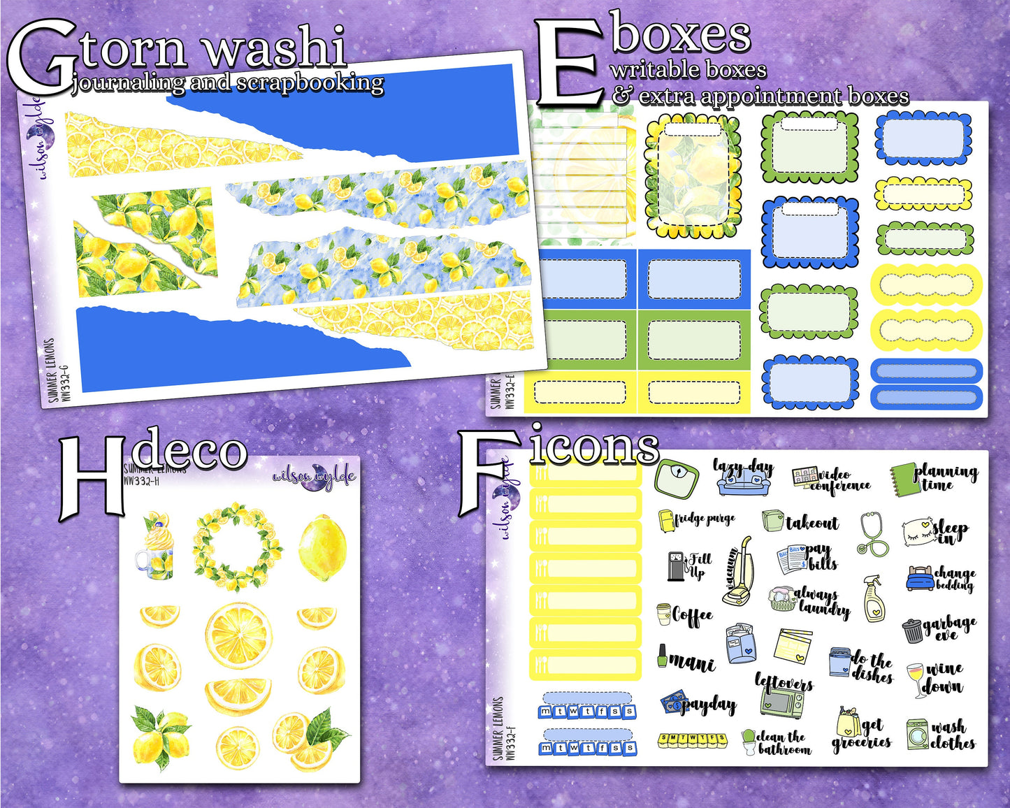 Summer Lemons full weekly sticker kit, HOBONICHI COUSIN format, a la carte and bundle options. WW332