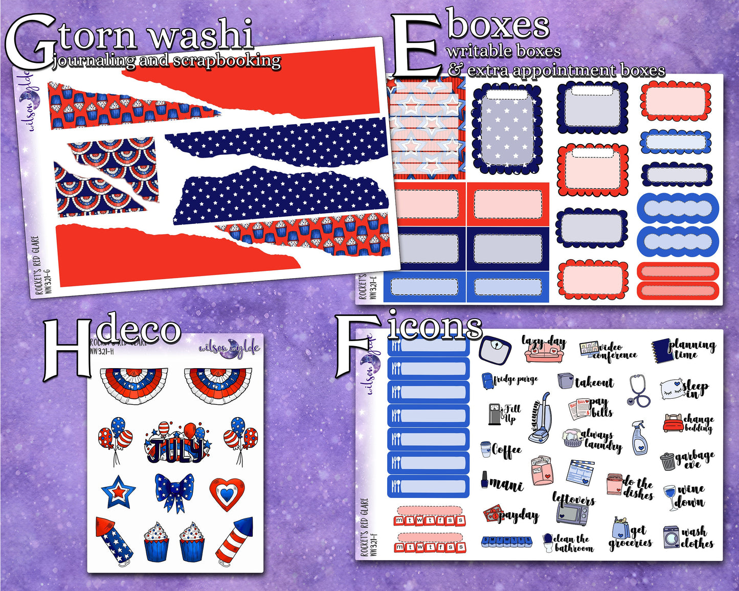 Rocket's Red Glare full weekly sticker kit, HOBONICHI COUSIN format, a la carte and bundle options. WW321