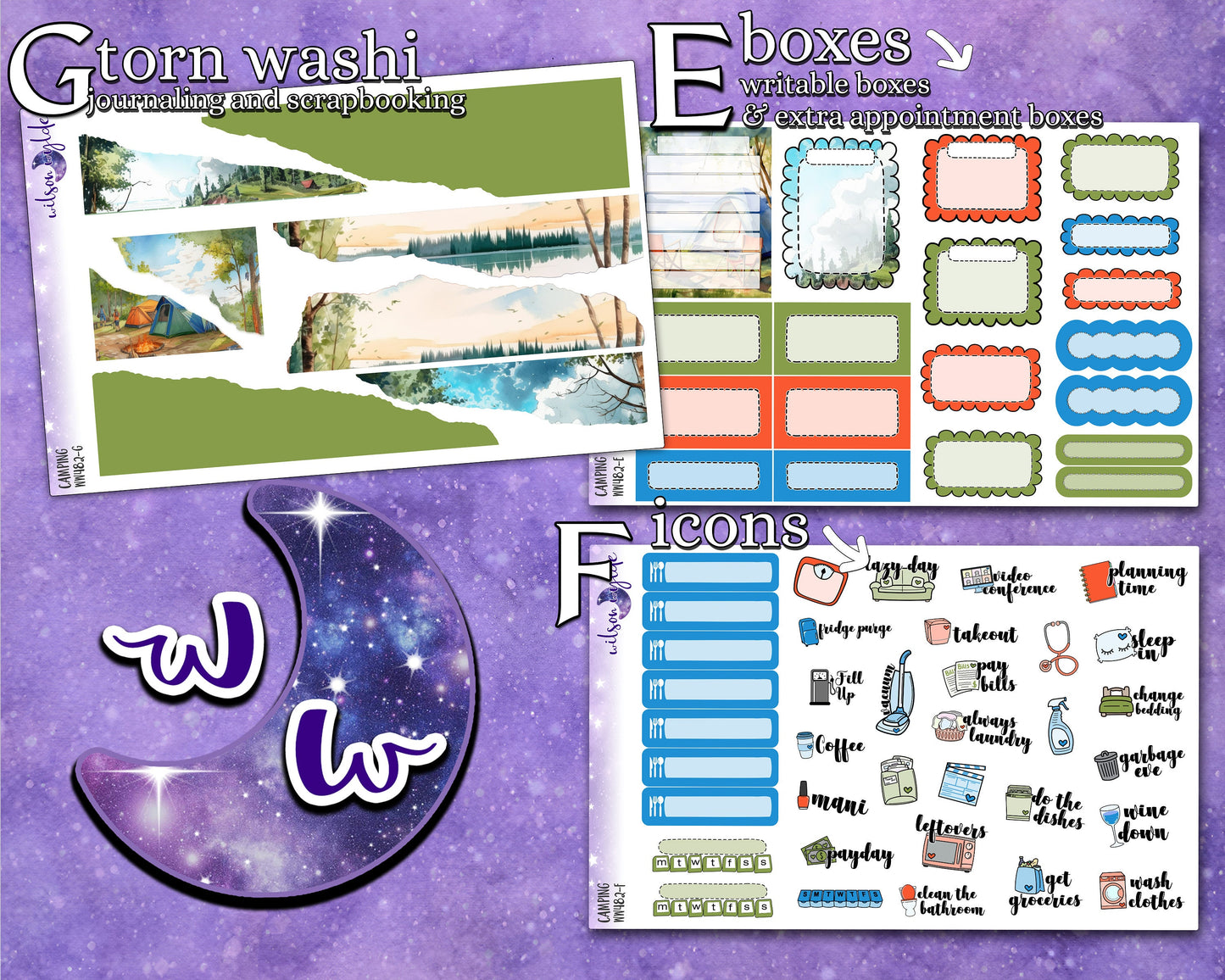 Camping full weekly sticker kit, STANDARD VERTICAL format, a la carte and bundle options. WW482