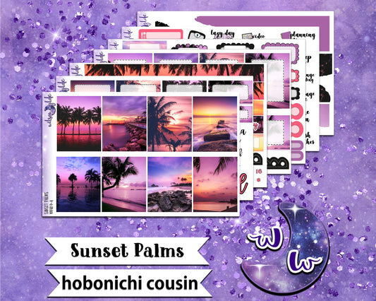 Sunset Palms full weekly sticker kit, HOBONICHI COUSIN format, a la carte and bundle options. WW489