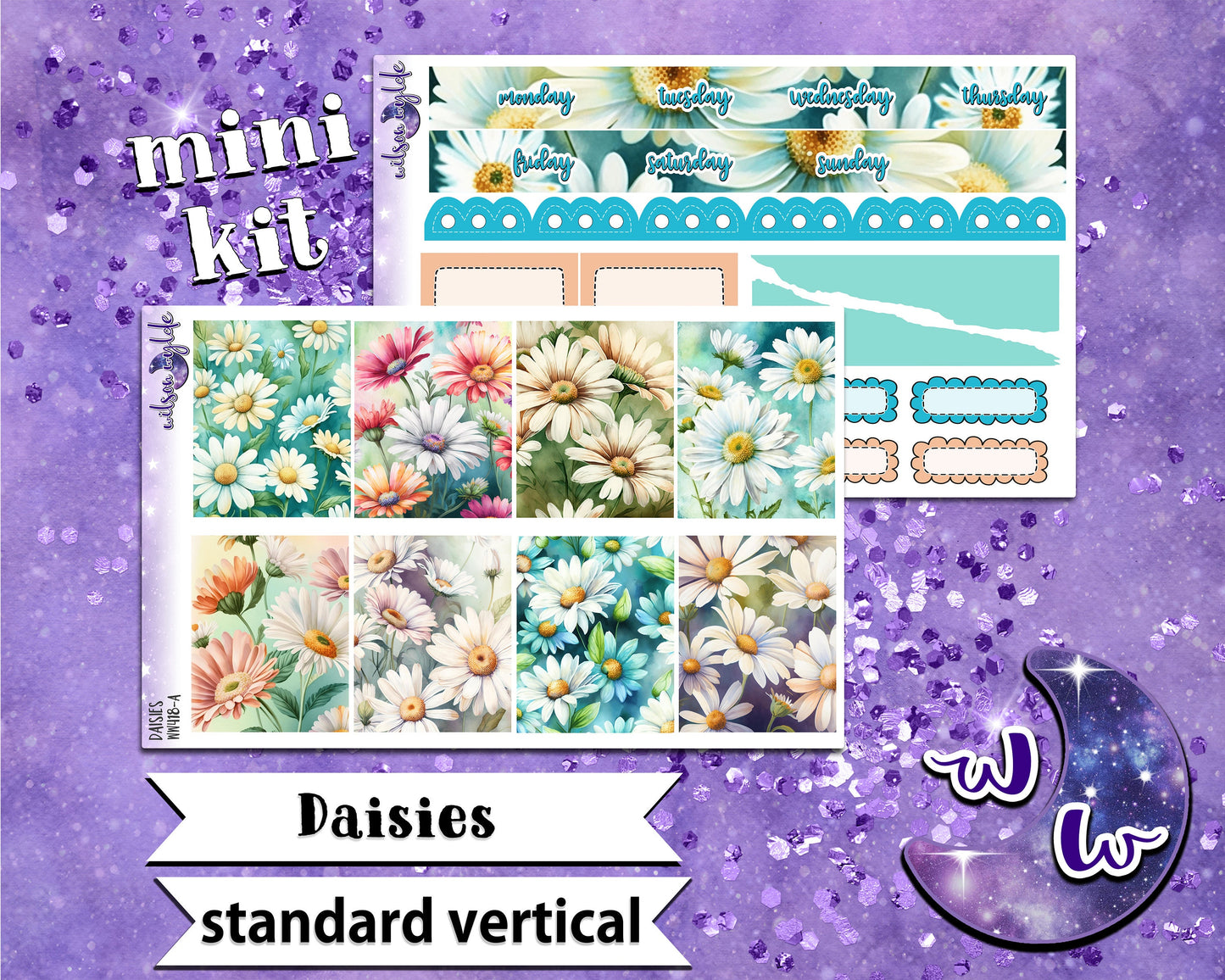 Daisies mini weekly sticker kit, STANDARD VERTICAL format, a la carte and bundle options. WW418