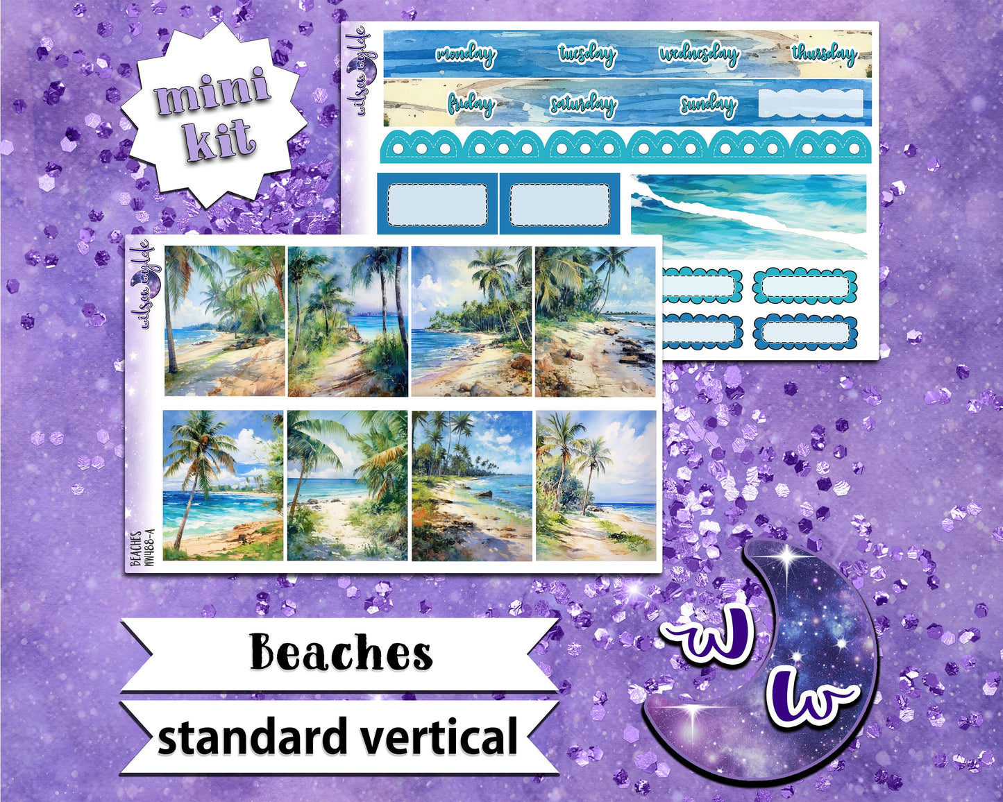 Beaches mini weekly sticker kit, STANDARD VERTICAL format, a la carte and bundle options. WW488