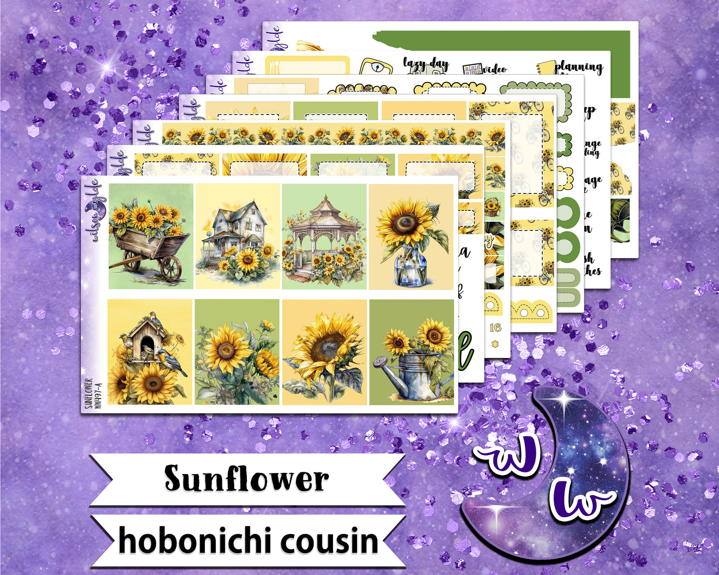 Sunflower full weekly sticker kit, HOBONICHI COUSIN format, a la carte and bundle options. WW497