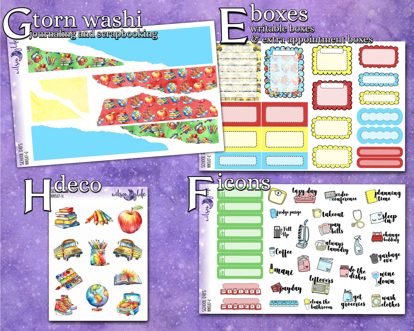 School Days full weekly sticker kit, STANDARD VERTICAL format, a la carte and bundle options. WW517