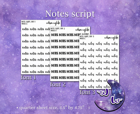 Notes script planner stickers, Foiling available WW505