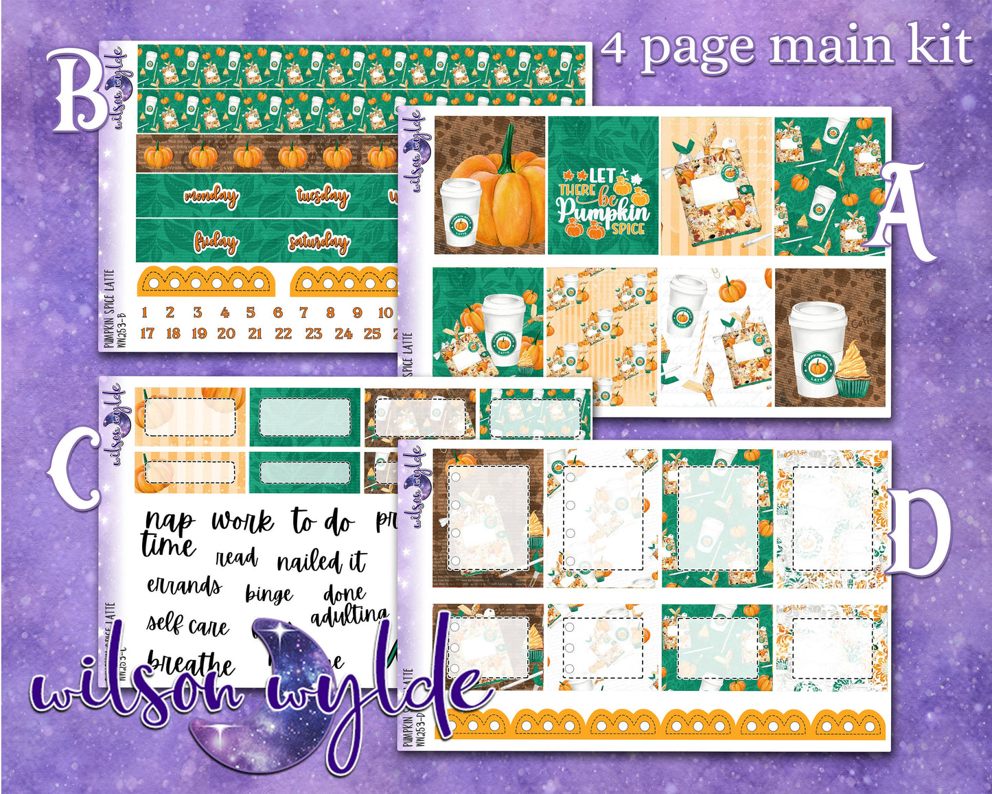 Pumpkin Spice Latte full weekly sticker kit, HOBONICHI COUSIN format, a la carte and bundle options. WW253