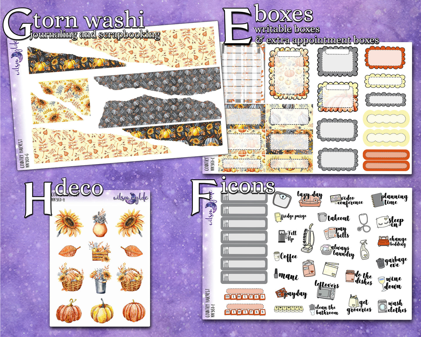 Country Harvest full weekly sticker kit, STANDARD VERTICAL format, a la carte and bundle options. WW361