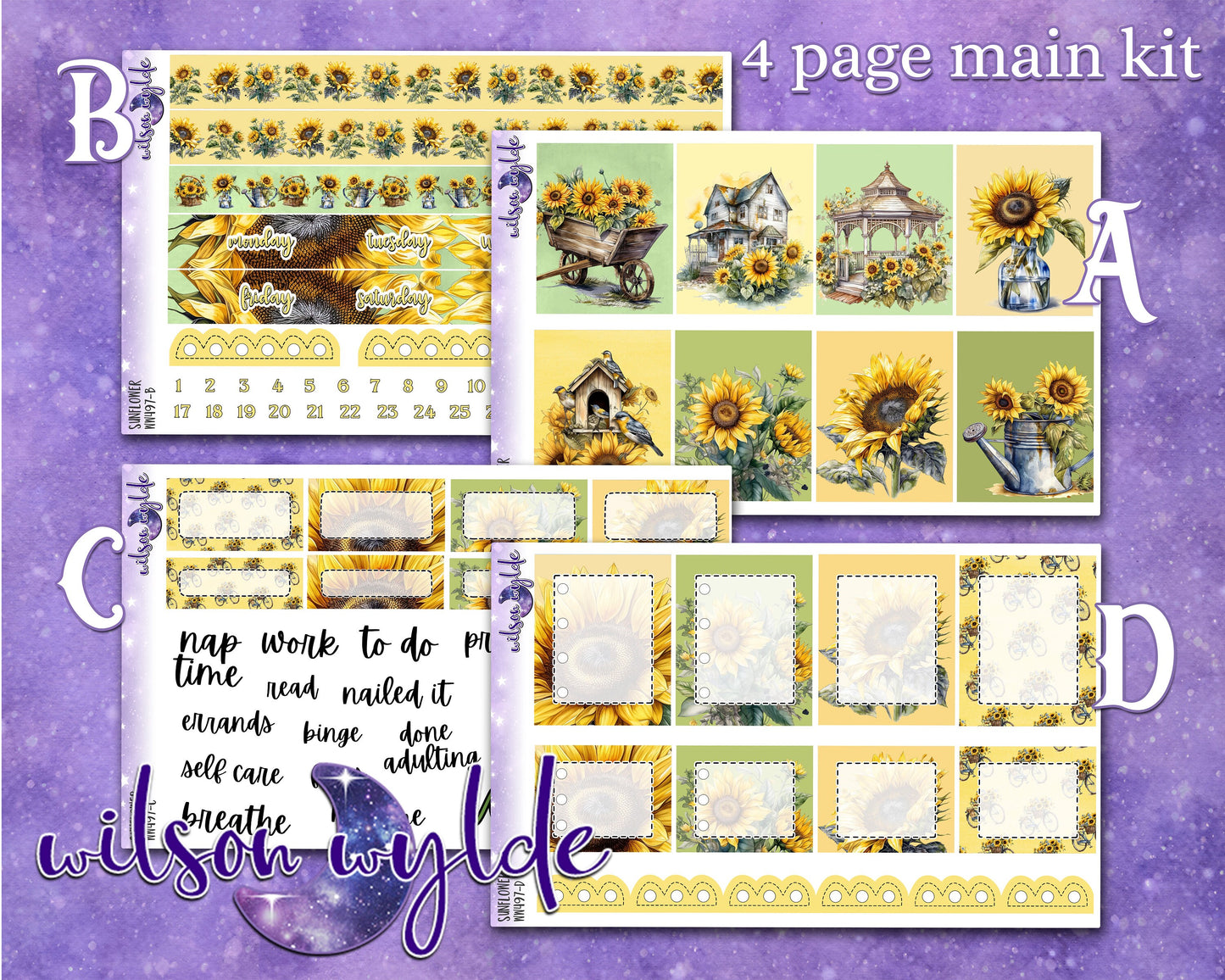 Sunflower full weekly sticker kit, HOBONICHI COUSIN format, a la carte and bundle options. WW497