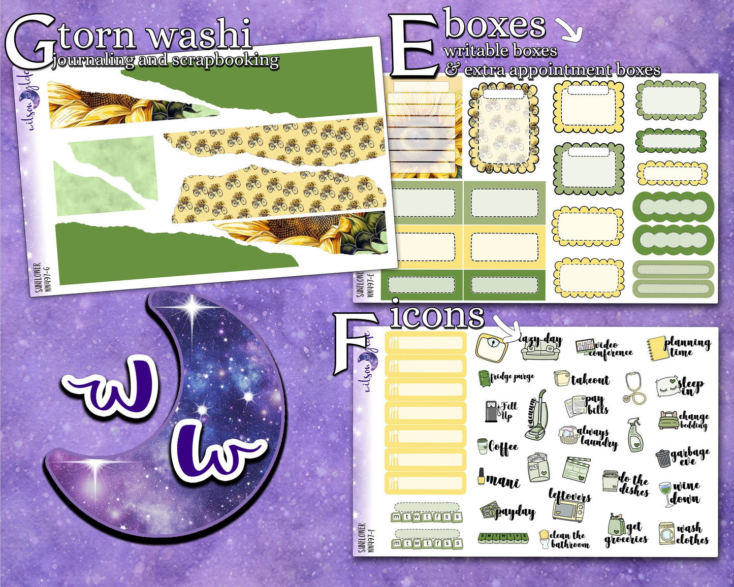 Sunflower full weekly sticker kit, HOBONICHI COUSIN format, a la carte and bundle options. WW497