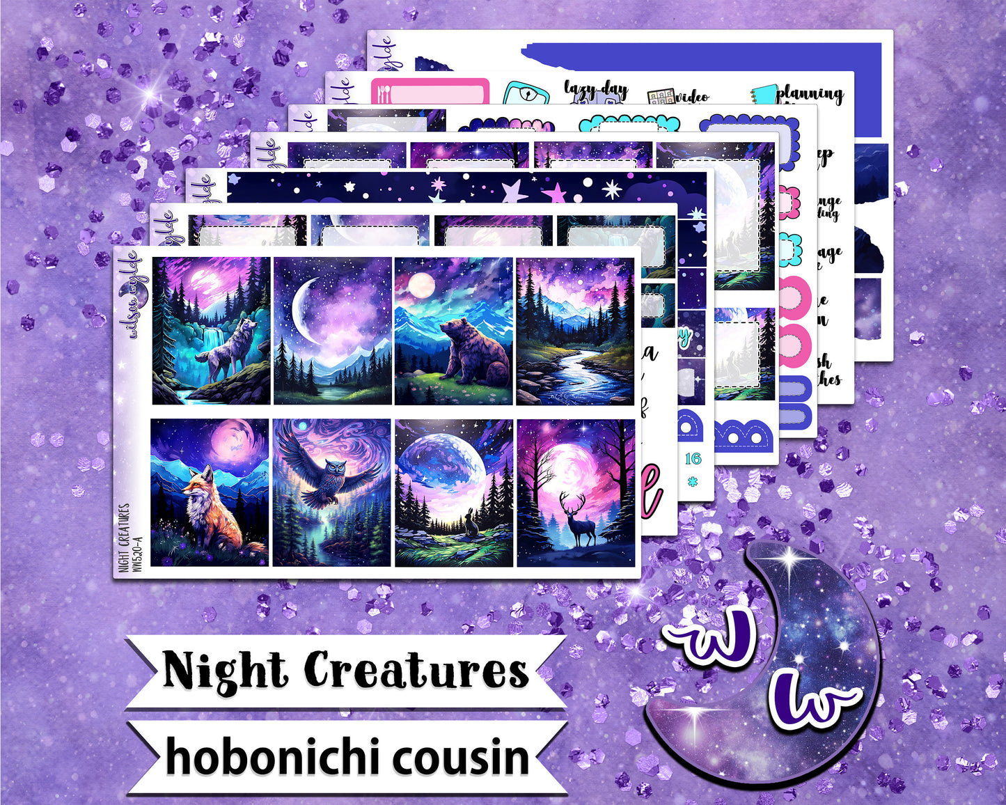 Night Creatures full weekly sticker kit, HOBONICHI COUSIN format, a la carte and bundle options. WW520