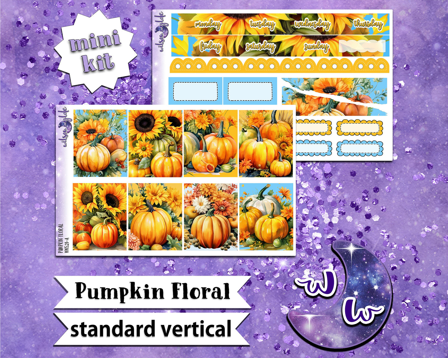 Pumpkin Floral mini weekly sticker kit, STANDARD VERTICAL format, a la carte and bundle options. WW521