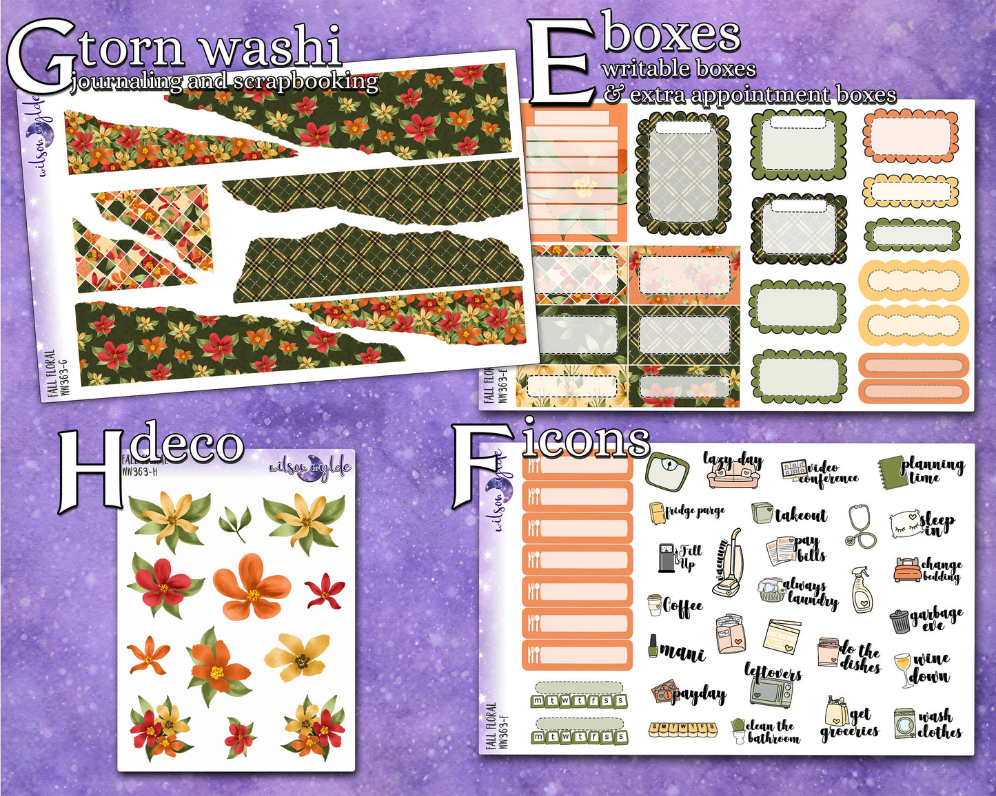 OVERSTOCK Fall Floral full weekly sticker kit, STANDARD VERTICAL format, WW363