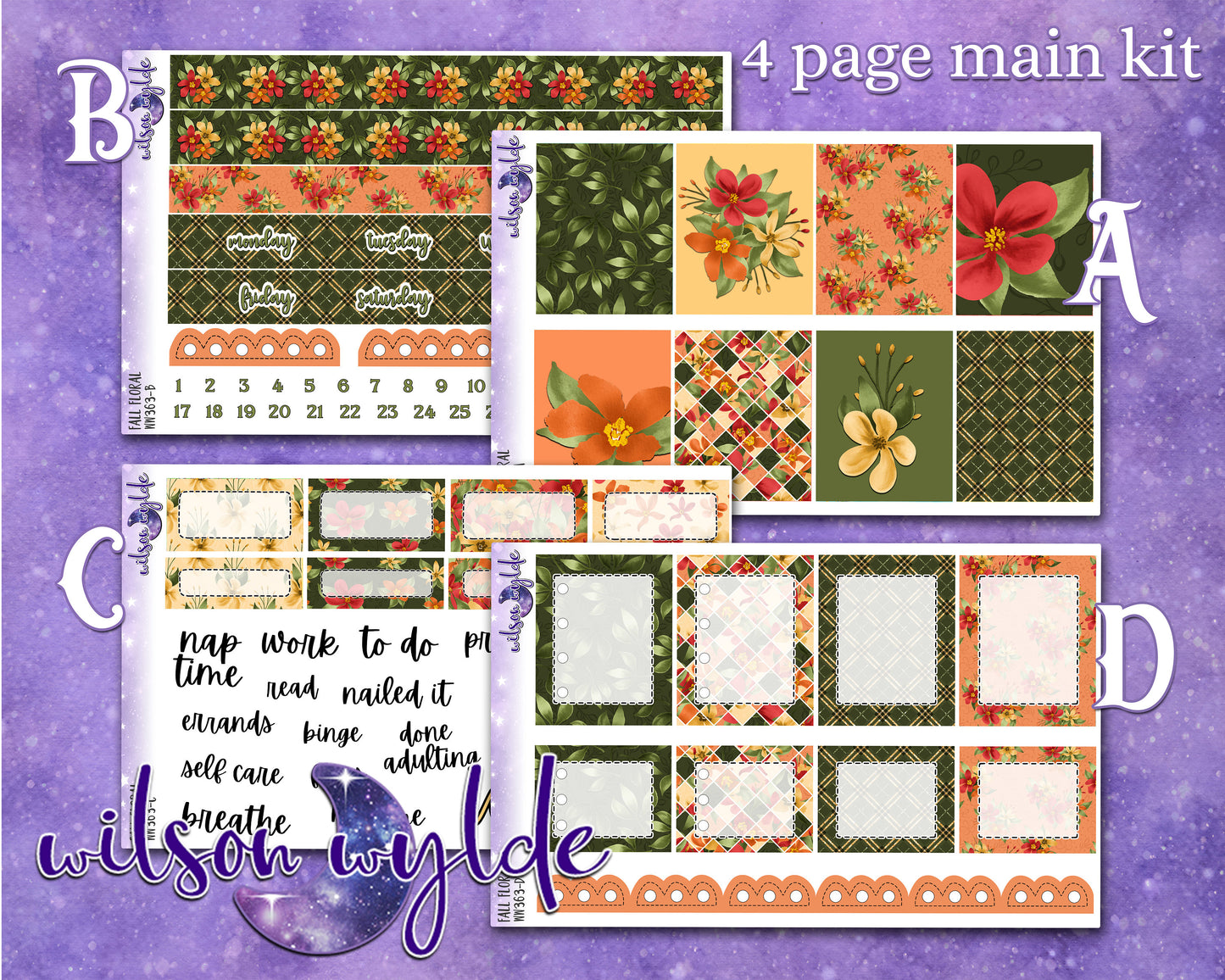 Fall Floral full weekly sticker kit, HOBONICHI COUSIN format, a la carte and bundle options. WW363