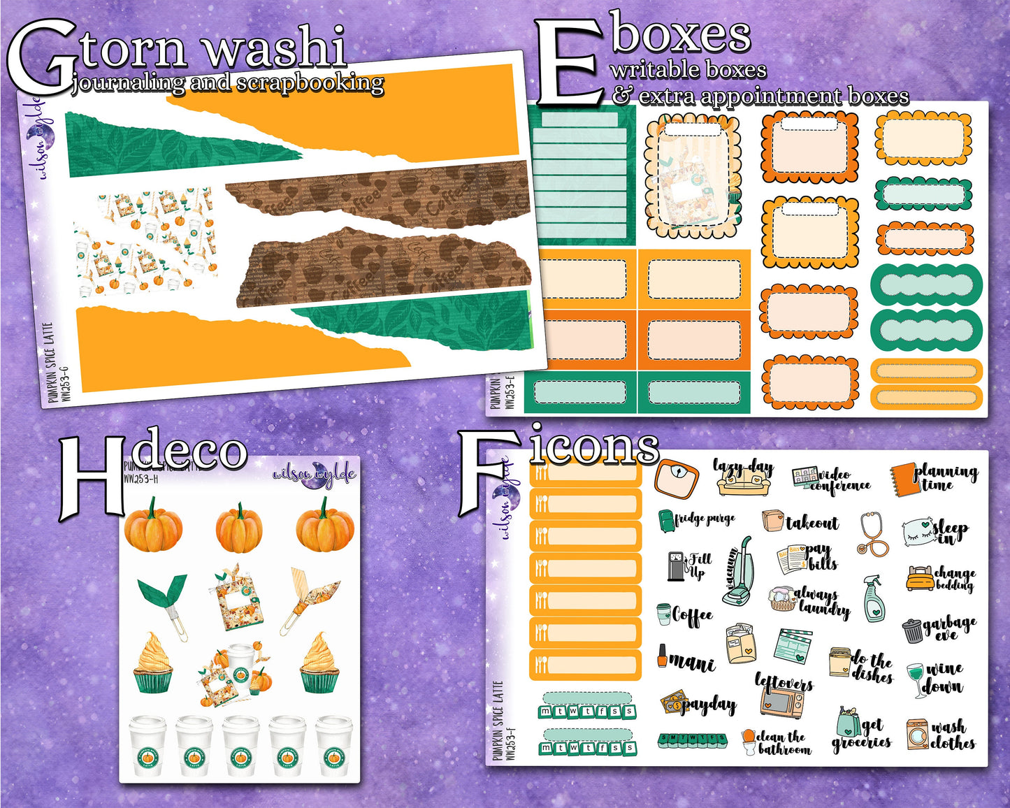 Pumpkin Spice Latte full weekly sticker kit, STANDARD VERTICAL format, a la carte and bundle options. WW253