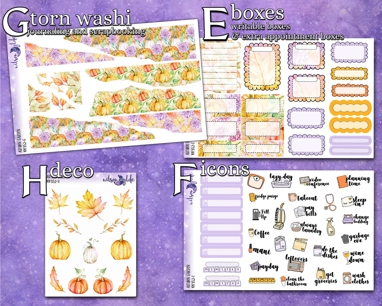 Autumn Garden full weekly sticker kit, HOBONICHI COUSIN format, a la carte and bundle options. WW352