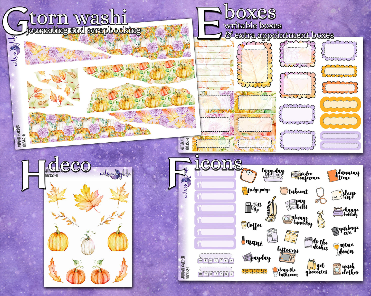 Autumn Garden full weekly sticker kit, STANDARD VERTICAL format, a la carte and bundle options. WW352