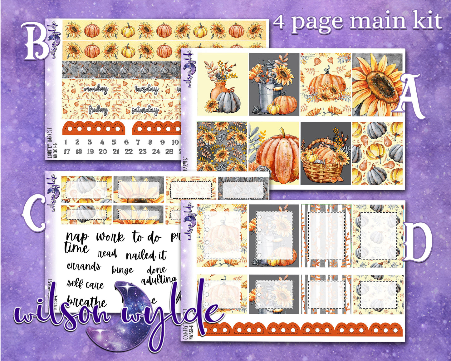 Country Harvest full weekly sticker kit, STANDARD VERTICAL format, a la carte and bundle options. WW361