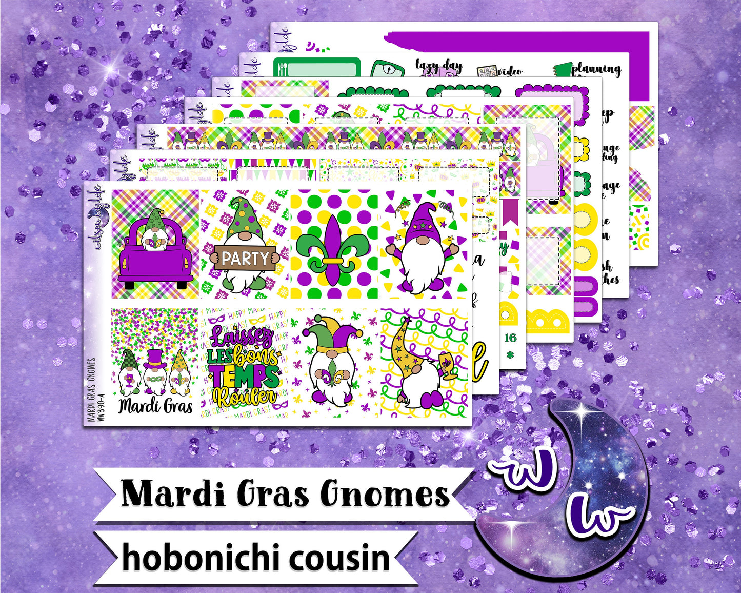 Mardi Gras Gnomes full weekly sticker kit, HOBONICHI COUSIN format, a la carte and bundle options. WW390