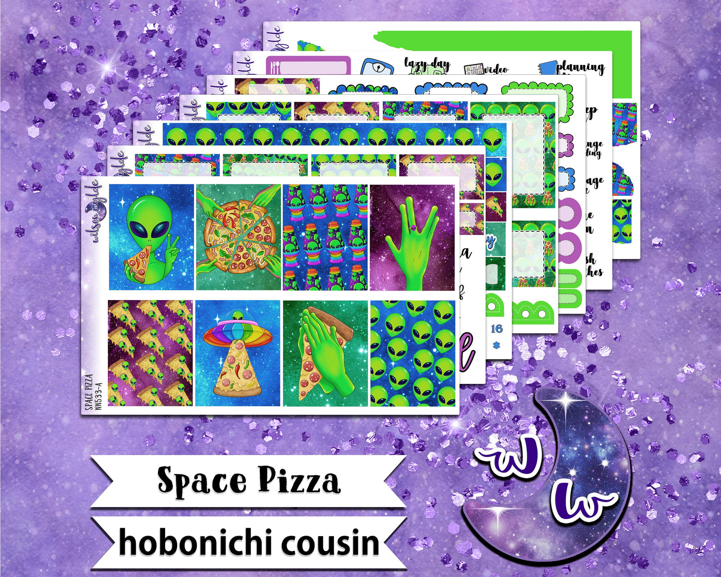 Space Pizza full weekly sticker kit, HOBONICHI COUSIN format, a la carte and bundle options. WW533