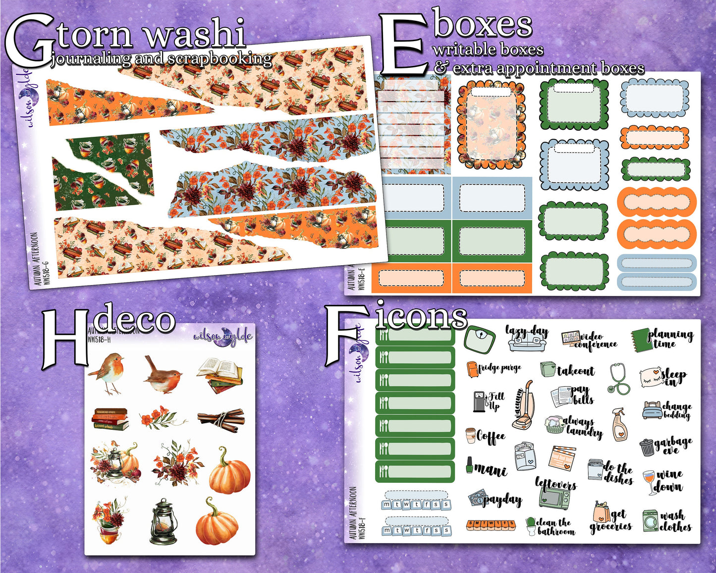Autumn Afternoon full weekly sticker kit, HOBONICHI COUSIN format, a la carte and bundle options. WW518