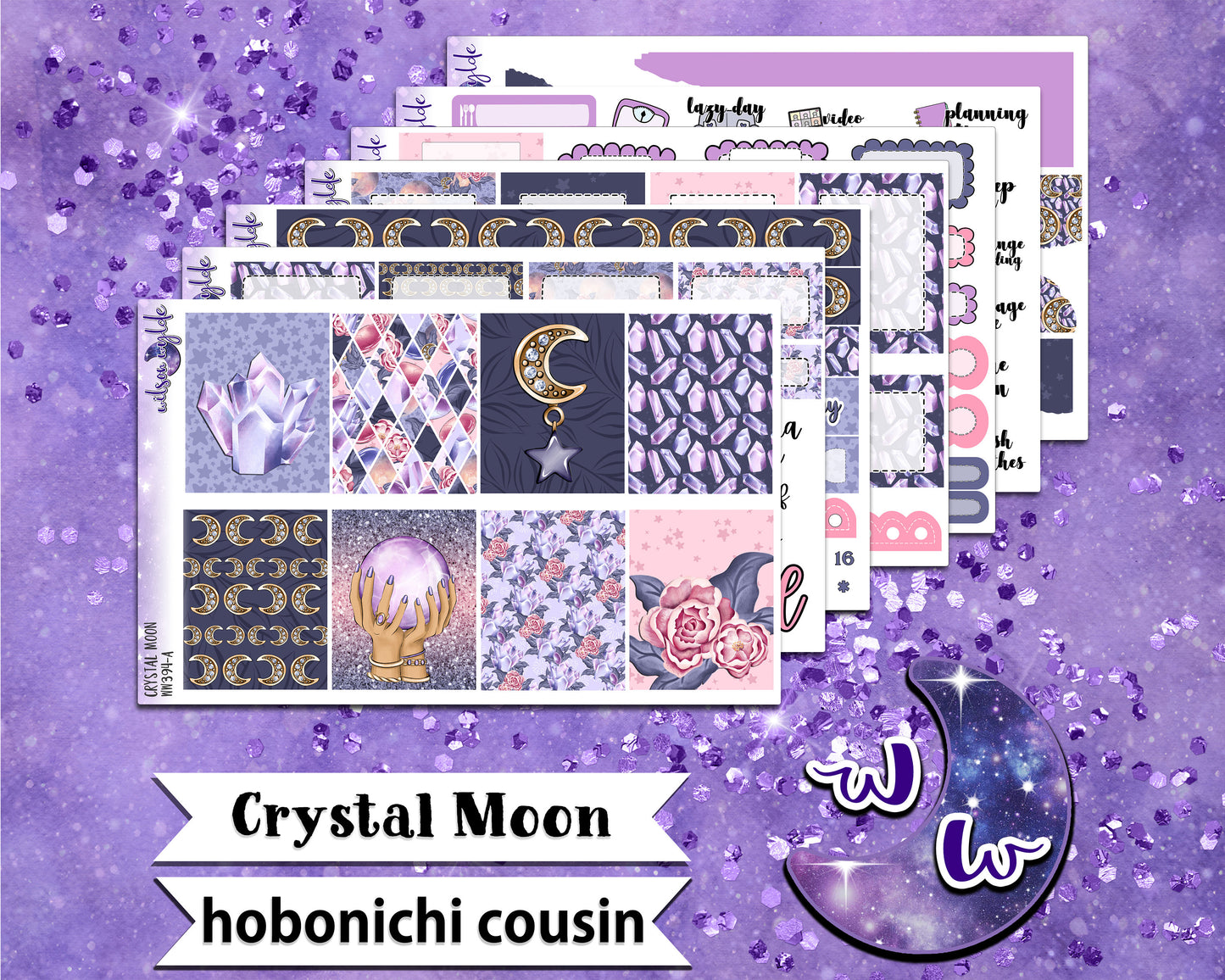 Crystal Moon full weekly sticker kit, HOBONICHI COUSIN format, a la carte and bundle options. WW394