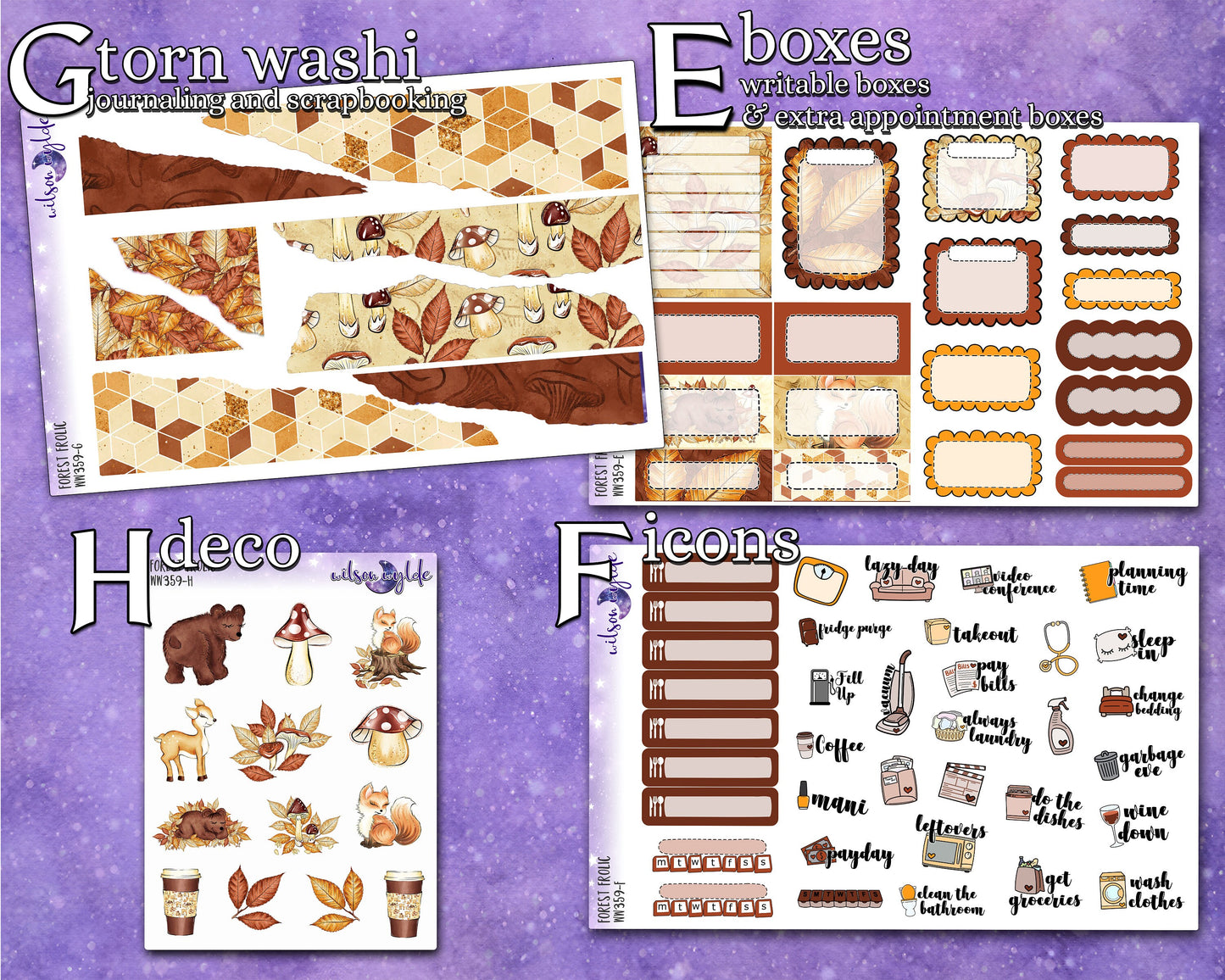 Forest Frolic full weekly sticker kit, STANDARD VERTICAL format, a la carte and bundle options. WW359