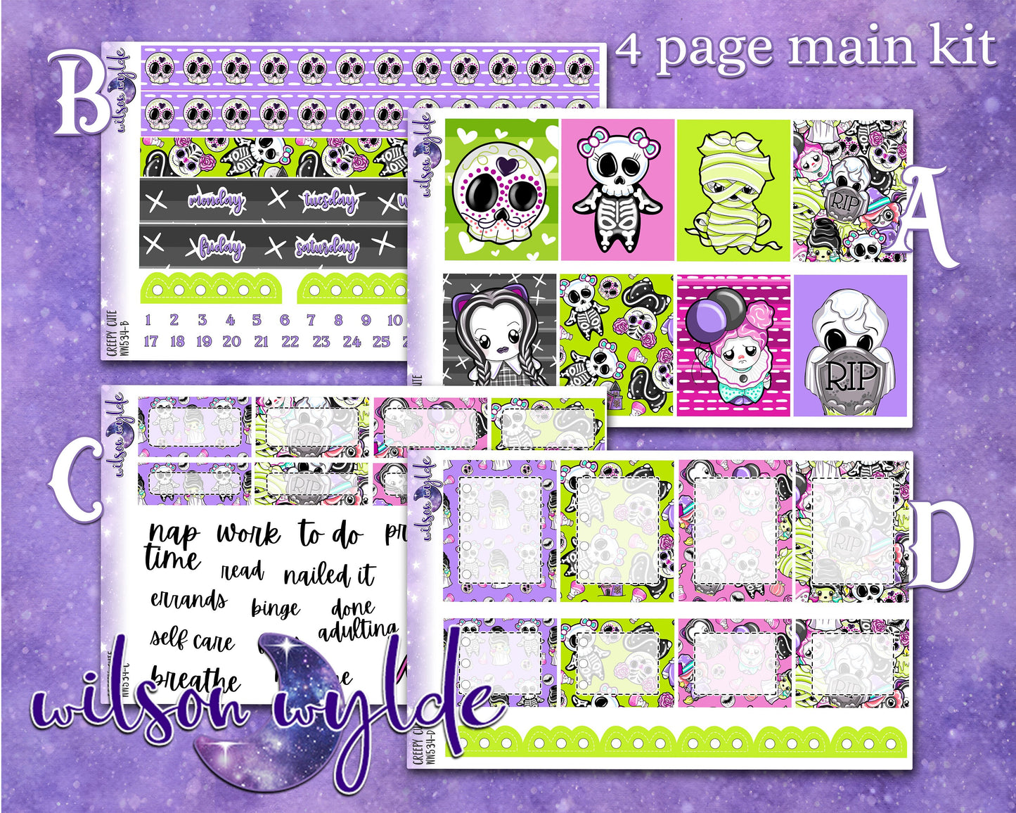 Creepy Cute full weekly sticker kit, STANDARD VERTICAL format, a la carte and bundle options. WW534