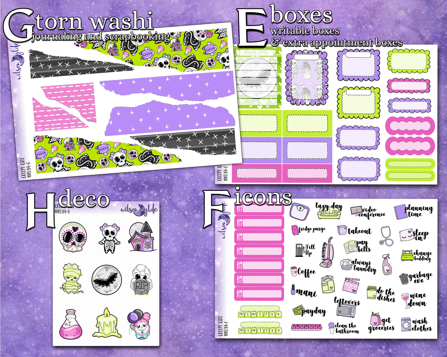 Creepy Cute full weekly sticker kit, HOBONICHI COUSIN format, a la carte and bundle options. WW534