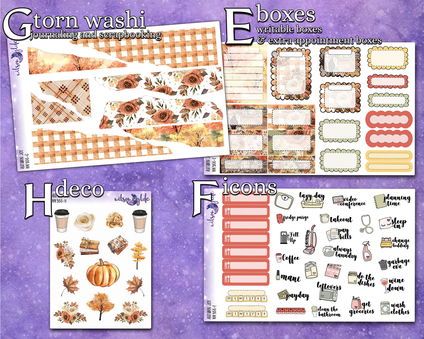 Autumn Joy full weekly sticker kit, HOBONICHI COUSIN format, a la carte and bundle options. WW366