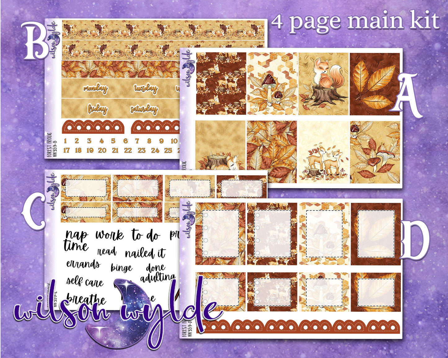 Forest Frolic full weekly sticker kit, STANDARD VERTICAL format, a la carte and bundle options. WW359