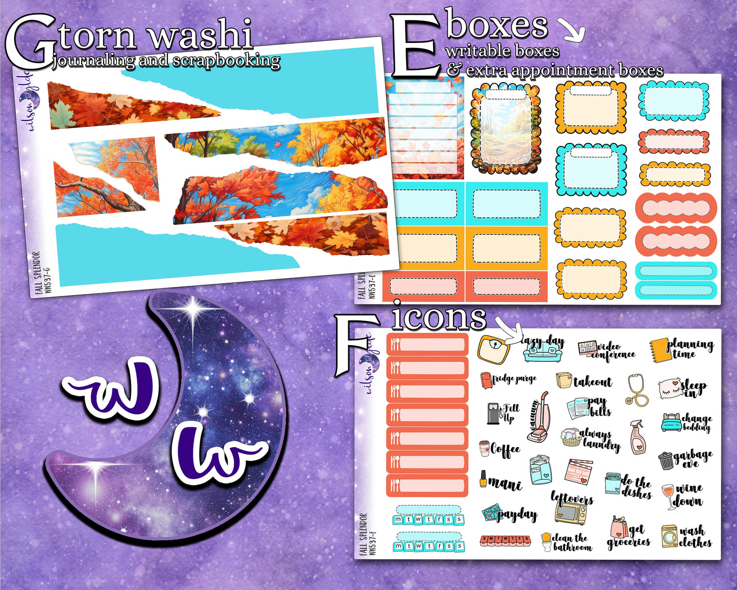 Fall Splendor full weekly sticker kit, HOBONICHI COUSIN format, a la carte and bundle options. WW537