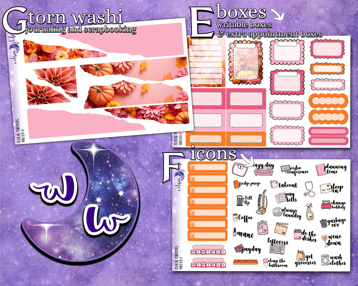 Floral Pumpkins full weekly sticker kit, STANDARD VERTICAL format, a la carte and bundle options. WW539