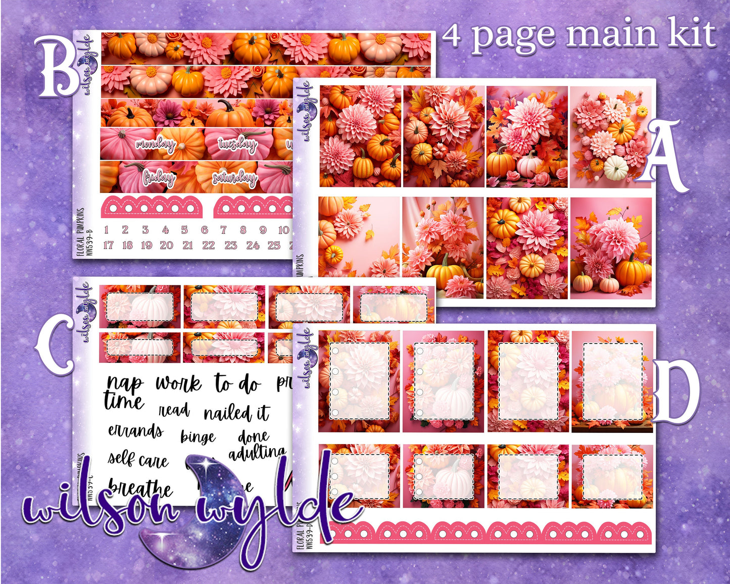 Floral Pumpkins full weekly sticker kit, HOBONICHI COUSIN format, a la carte and bundle options. WW539